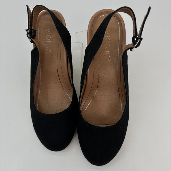VIONIC Black Canvas Espadrille Wedge Sandals Size 8.5 Slingback Buckle Comfort - Picture 3 of 10